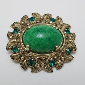 Vtg West Germany Green Cabochon Glass & Rhinestone Goldtone Floral Pin Brooch